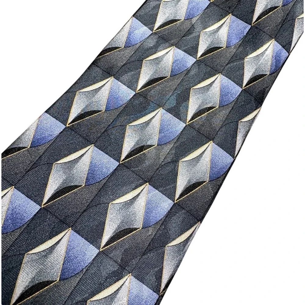 Facets‎ Necktie Mens Blue Grey Excellent Geometric Diamond Silk Hand Sewn
